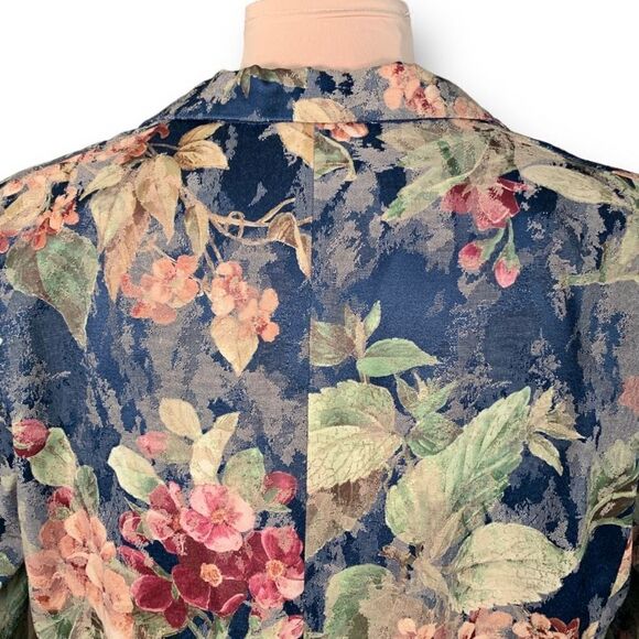 Vintage 90s Blazer Jacket Navy Dark Floral Detail Boxy Oversized One Button - Picture 6 of 9